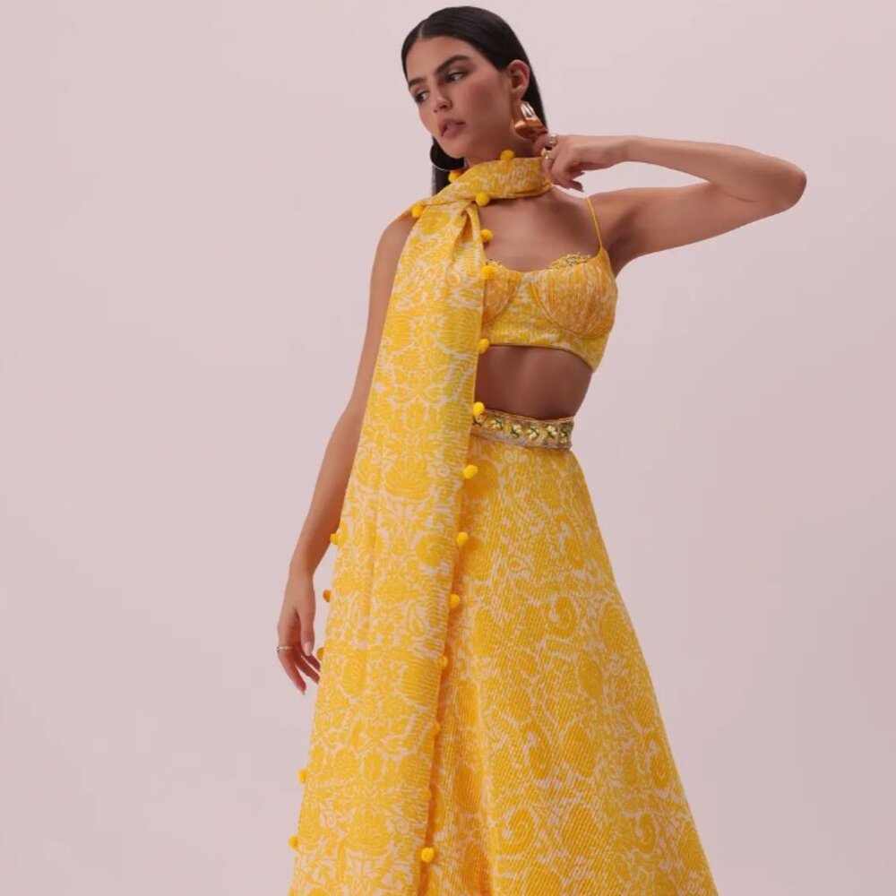 Yellow Printed Lehenga Set With Hand Embroidery In Georgette